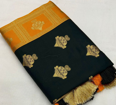 khanjan hub Printed Banarasi Jacquard, Art Silk Saree(Yellow, Black)