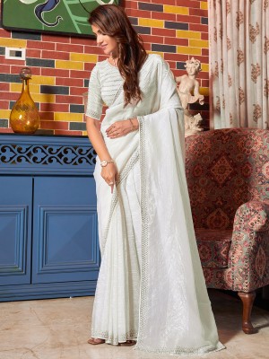 Sareemall Embellished Bollywood Pure Silk Saree(Cream)