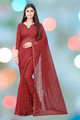SwiftStyle Solid/Plain Bollywood Net Saree(Maroon)