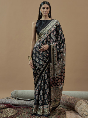 Sareemall Printed Hand Batik Crepe Saree(Black)