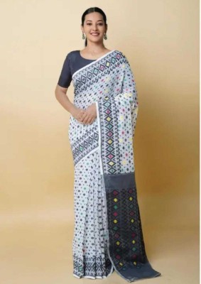 Bhadra Shopping Store Woven Jamdani Cotton Silk Saree(White, Black)