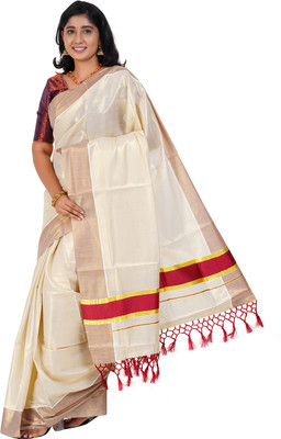 Ecom Store Solid/Plain, Woven Kasavu Pure Cotton Saree(White, Maroon)