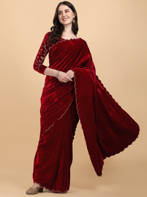 A To Z Cart Embroidered Bollywood Velvet Saree(Maroon)
