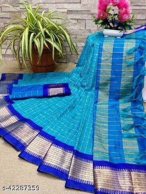 sanvi Woven, Checkered, Embellished, Self Design Daily Wear Jacquard, Cotton Silk Saree(Light Blue)