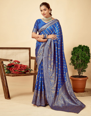 Samah Woven, Embellished, Self Design Banarasi Silk Blend, Jacquard Saree(Dark Blue, Gold)