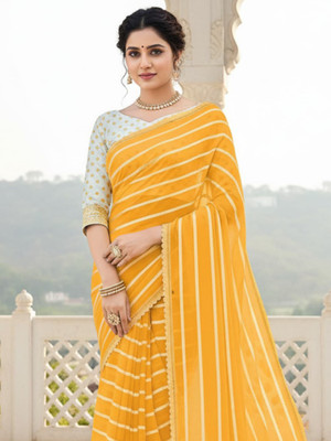 all about you Embellished Leheria Georgette Saree(Yellow)