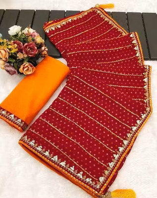 shree bhagyalaxmi creation Solid/Plain Bandhani Georgette Saree(Red)