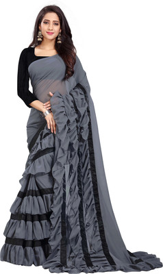 fFASHION Self Design, Striped, Solid/Plain, Embellished, Woven Bollywood Georgette Saree(Grey)