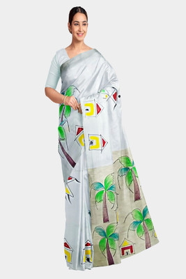 PRIDE SALES Hand Painted Handloom Cotton Blend Saree(White)