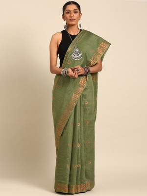 Taavi Self Design Handloom Silk Blend Saree(Green)