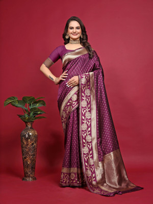 Omsaiarts Woven Kasavu Silk Blend Saree(Purple)