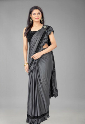 AS CREATONS Polka Print Bollywood Lycra Blend Saree(Grey)