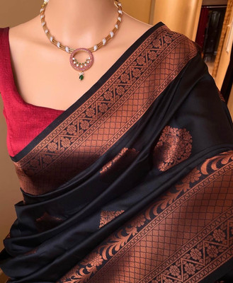 R K INFINITIVE Woven Banarasi Jacquard Saree(Black)