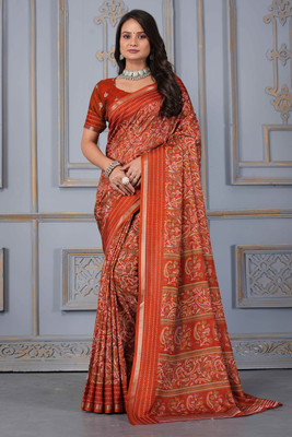 STAVA CREATION Printed Bollywood Cotton Silk Saree(Orange)