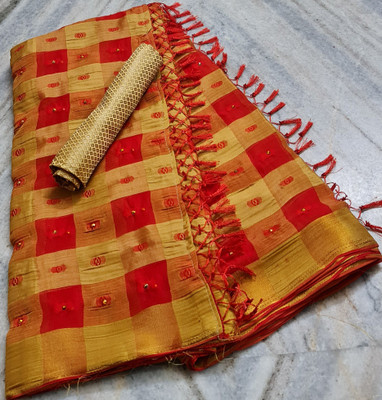 MINE CHOICE Self Design, Color Block, Woven, Checkered Bollywood Organza, Chiffon Saree(Red)