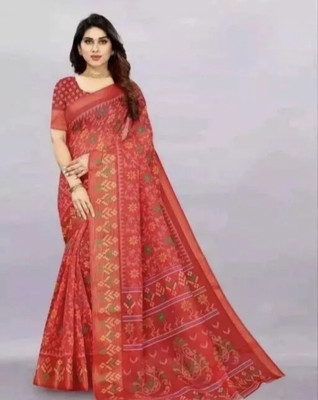 Grubstaker Printed Daily Wear Cotton Blend Saree(Red)