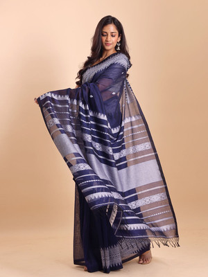 Blouson Printed Jamdani Pure Cotton Saree(Dark Blue)