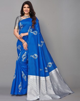 Samah Woven, Self Design, Embellished Banarasi Silk Blend, Jacquard Saree(Blue, Silver)