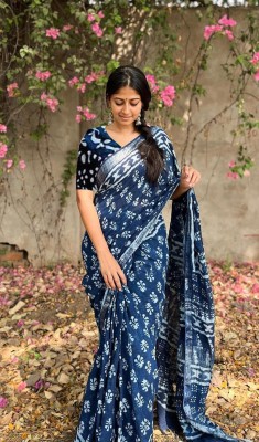 aksharam fab Digital Print Bollywood Cotton Linen Saree(Dark Blue)