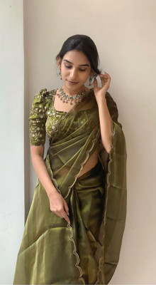 vrundacreation Solid/Plain Bollywood Organza Saree(Green)