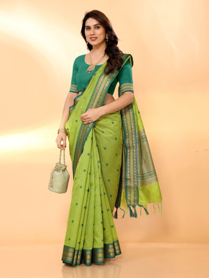 Moda Rapido Embellished Assam Silk Silk Blend Saree(Green)