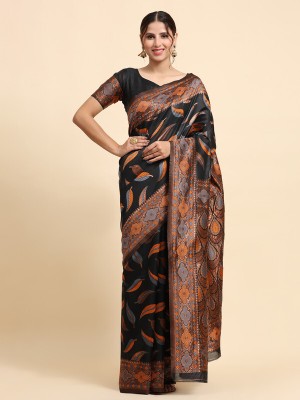 ISARA Floral Print Banarasi Silk Blend Saree(Black)