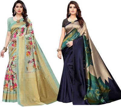 Grubstaker Printed Bhagalpuri Art Silk Saree(Pack of 2, Light Blue, Beige)