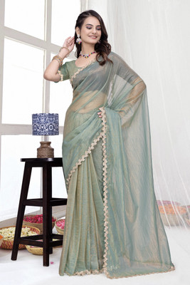 RELLAXAWAVES Woven Bollywood Supernet Saree(Green)