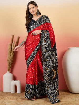Sangria Printed Saree with Attached Blouse Silk Blend Saree(Red)
