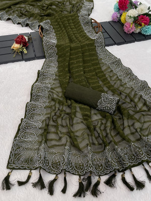 VEERAIVA Embellished Bollywood Chiffon Saree(Light Green)