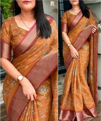 Stylezone Self Design, Woven, Printed Assam Silk Cotton Silk Saree(Orange)