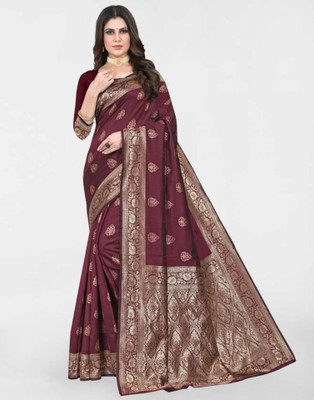 Samah Woven, Embellished, Self Design Banarasi Silk Blend, Jacquard Saree(Maroon, Gold)