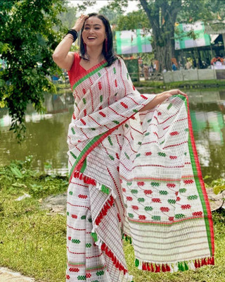 Sheden Lopez Creation Self Design Mekhela Chador Cotton Blend Saree(White)