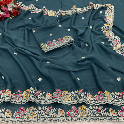 Ethina Fashion Embroidered Bollywood Silk Blend Saree(Blue)