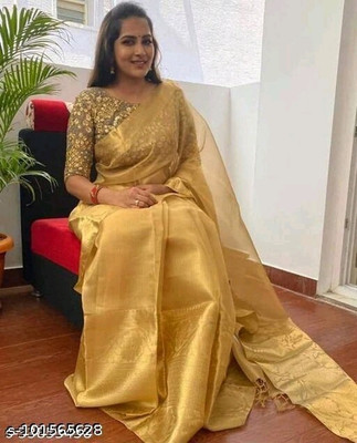 MT textiles Woven Handloom Tissue Saree(Gold)