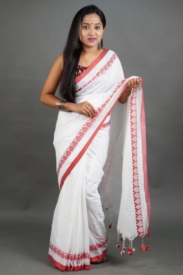 Balika bodhu Solid/Plain Handloom Pure Cotton Saree(White, Red)