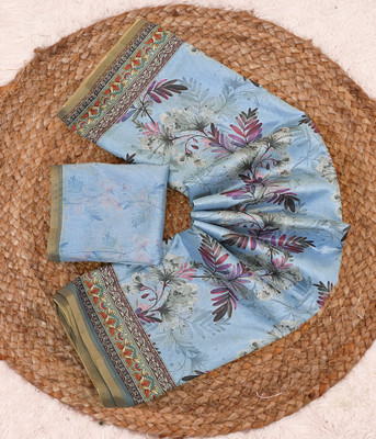 Pranamita Floral Print Bollywood Silk Blend Saree(Light Blue)