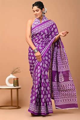 Brightstar Blocked Printed Daily Wear Pure Cotton Saree(Purple)