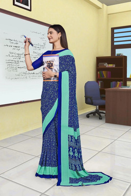 Feminista Printed, Solid/Plain Daily Wear Georgette, Silk Blend Saree(Blue)