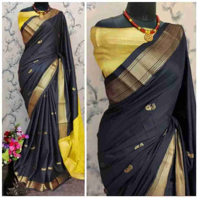 NST5 Self Design, Embellished, Woven Paithani Tissue, Cotton Silk Saree(Black)