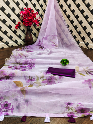 INITHI Floral Print Bollywood Organza Saree(Blue)