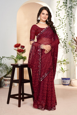 love creation Self Design Bollywood Net Saree(Maroon)