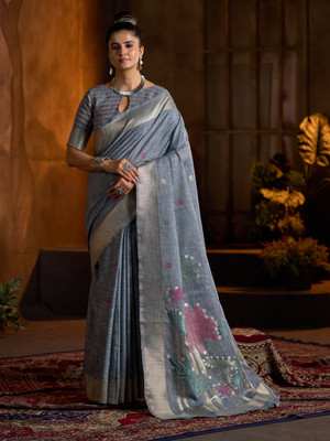 Divastri Floral Print Bollywood Linen Saree(Grey)
