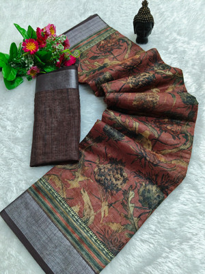 PRTRENDZ Woven Kanjivaram Pure Cotton, Cotton Linen Saree(Brown)