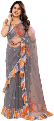 ROOP SUNDARI SAREES Embroidered Bollywood Nylon, Net Saree(Grey)