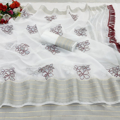 Vikash fab Embroidered Kasavu Linen, Cotton Linen Saree(White)