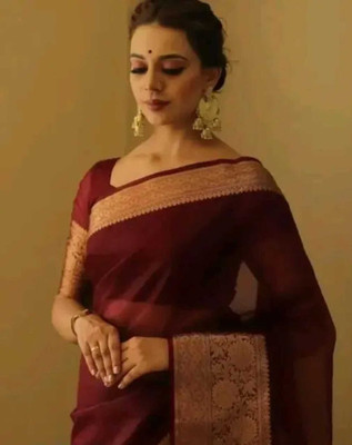 Ss sarees Solid/Plain, Woven, Striped Banarasi Organza Saree(Maroon)