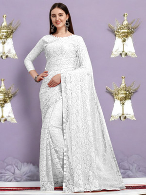 Nexafashion Self Design Bollywood Net Saree(White)