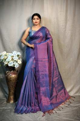 RIDDHIMAN FASHION Solid/Plain Handloom Tissue Saree(Blue)