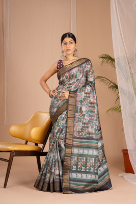 WISHLIST Digital Print Handloom Cotton Blend Saree(Multicolor)